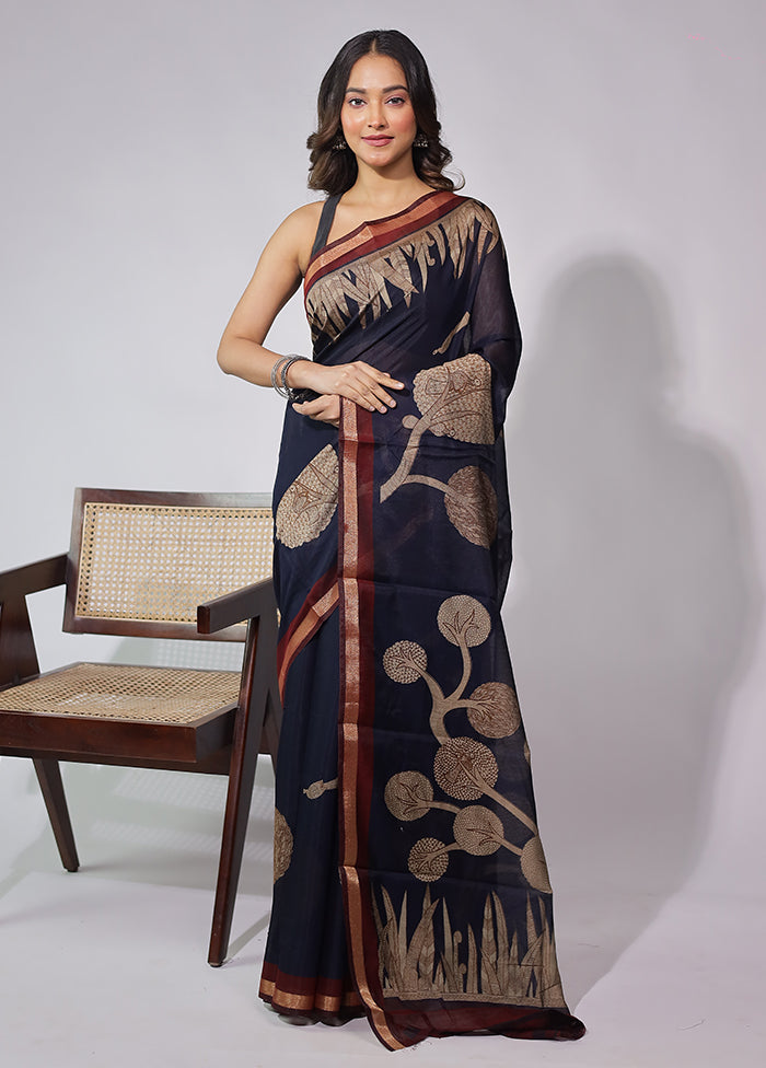 Blue Chanderi Cotton Saree With Blouse Piece