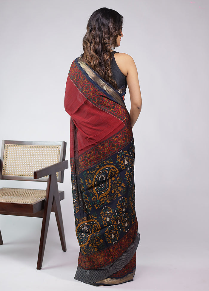 Maroon Chanderi Cotton Saree With Blouse Piece