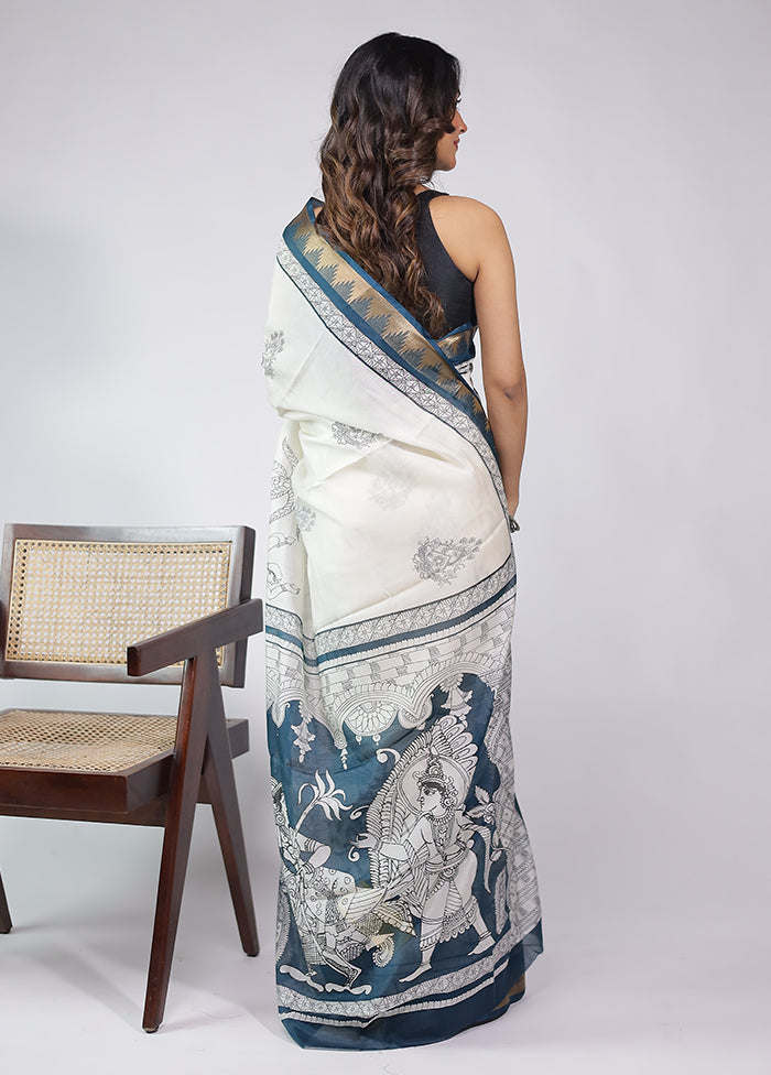 White Chanderi Cotton Saree With Blouse Piece