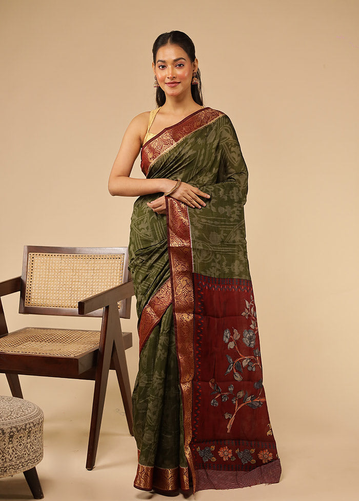 Green Chanderi Cotton Saree With Blouse Piece