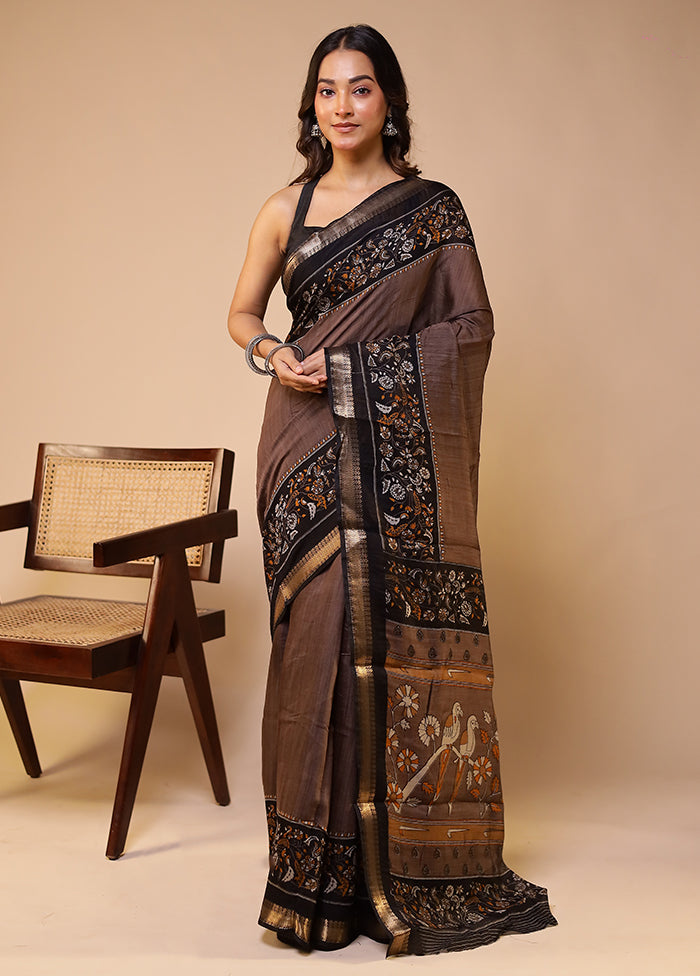Brown Chanderi Cotton Saree With Blouse Piece