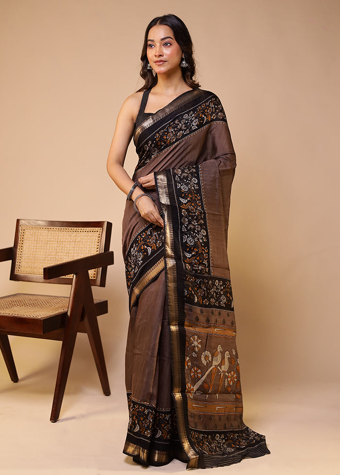 Brown Chanderi Cotton Saree With Blouse Piece