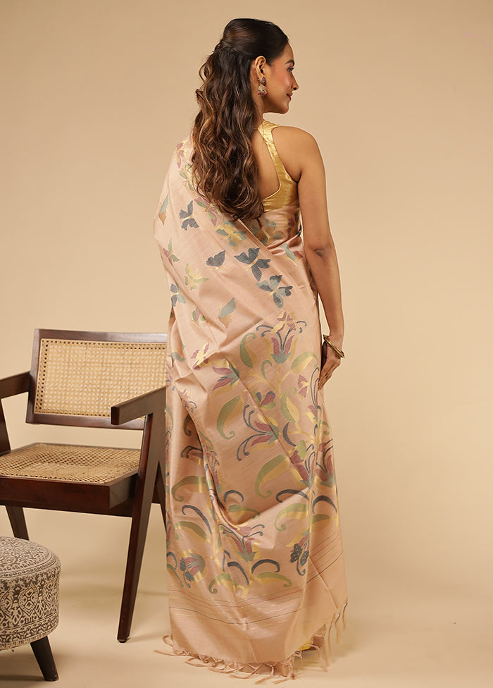 Peach Tussar Silk Saree With Blouse Piece