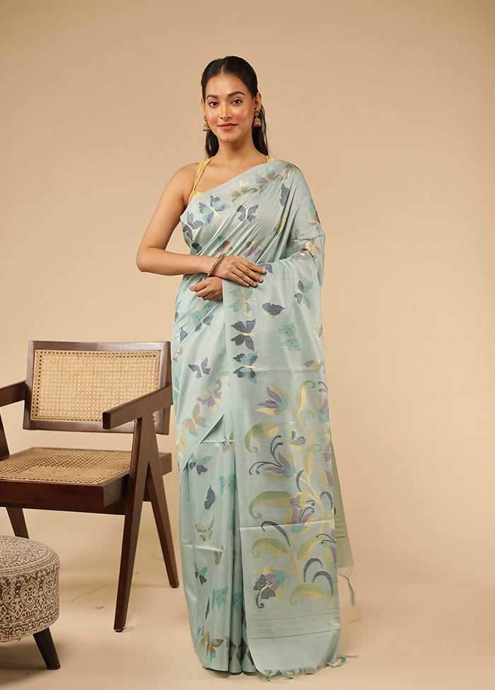 Blue Tussar Silk Saree With Blouse Piece