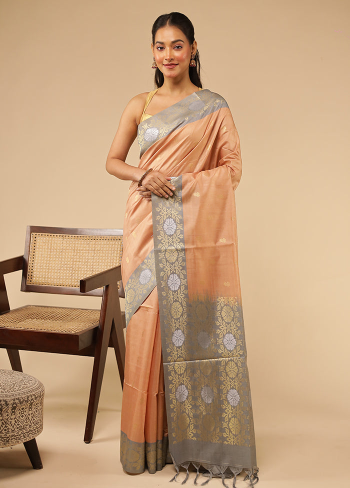 Peach Tussar Silk Saree With Blouse Piece