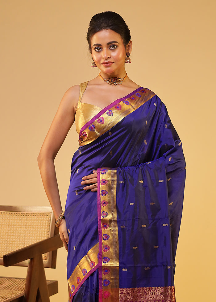 Blue Handloom Kanjivaram Pure Silk Saree With Blouse Piece