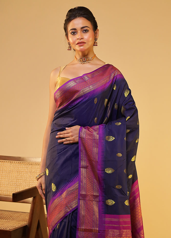 Blue Kanjivaram Silk Saree With Blouse Piece