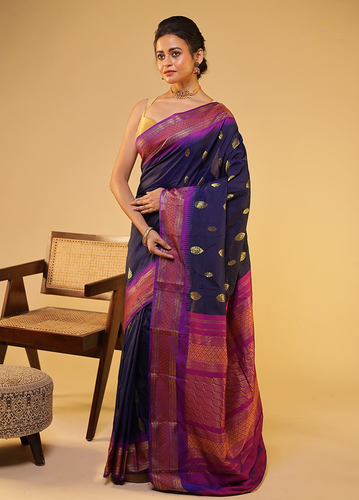 Blue Kanjivaram Silk Saree With Blouse Piece