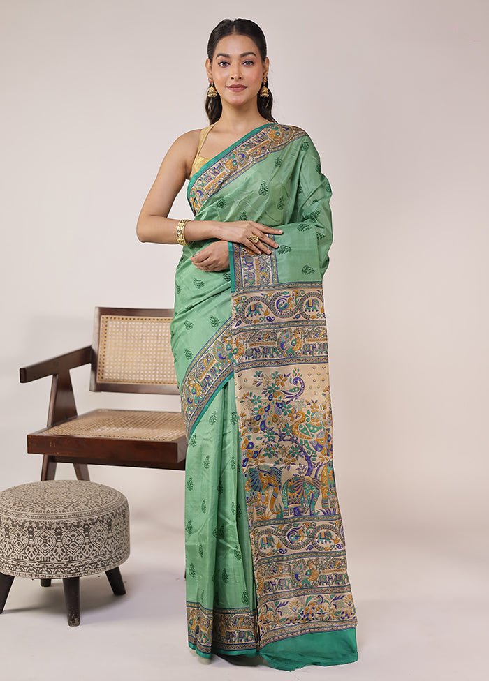 Green Printed Pure Silk Saree With Blouse Piece