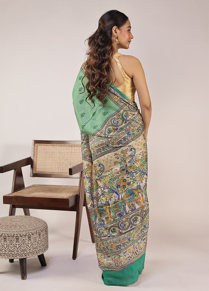 Green Printed Pure Silk Saree With Blouse Piece