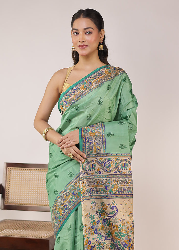Green Printed Pure Silk Saree With Blouse Piece