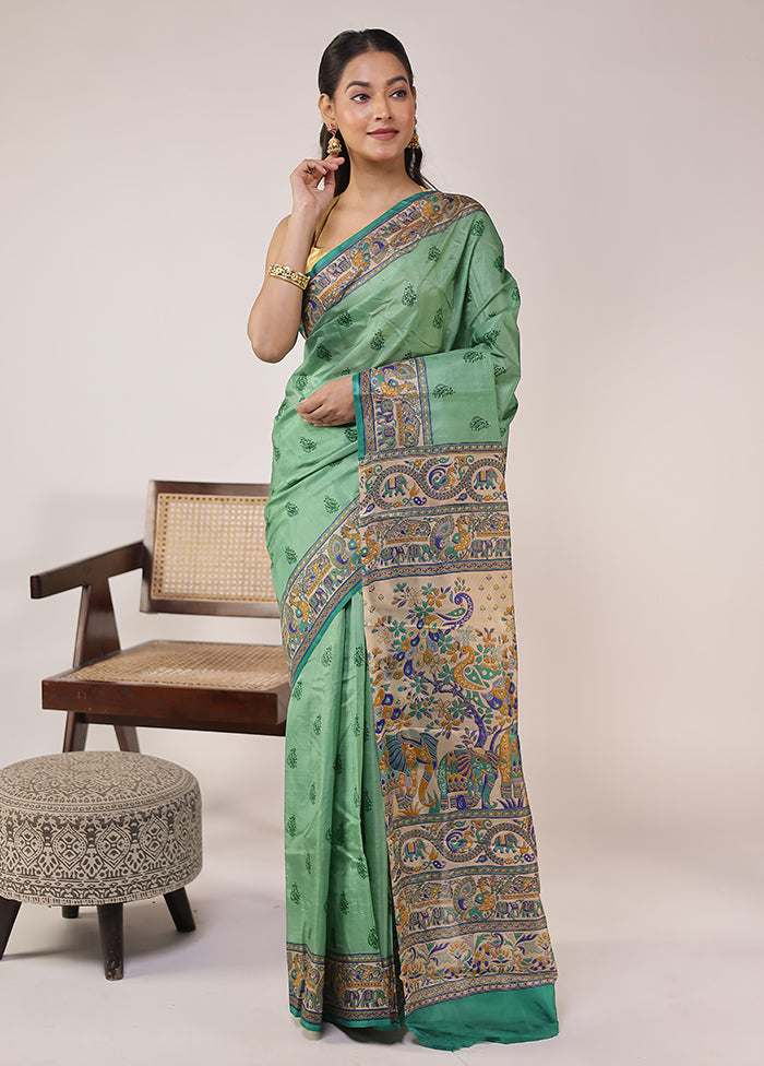 Green Printed Pure Silk Saree With Blouse Piece