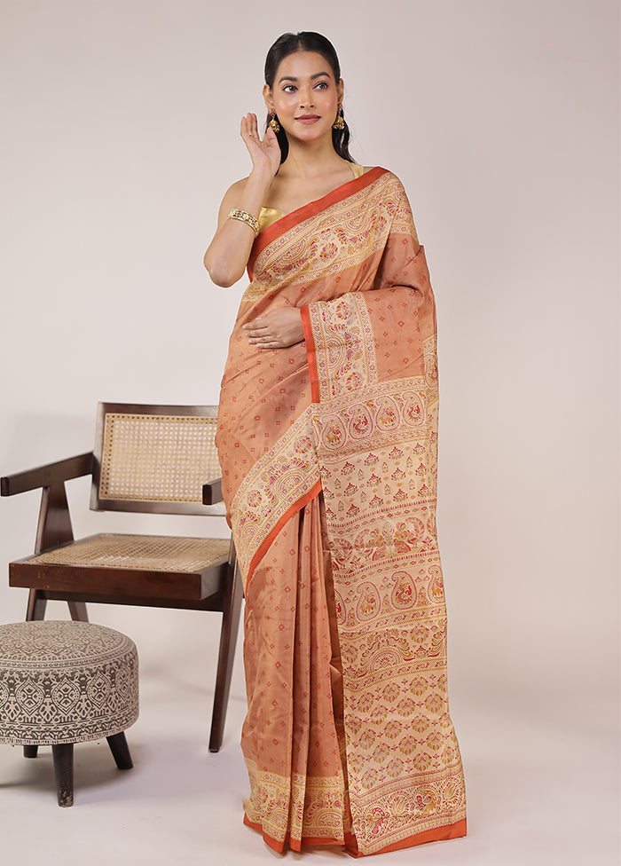 Peach Printed Pure Silk Saree With Blouse Piece