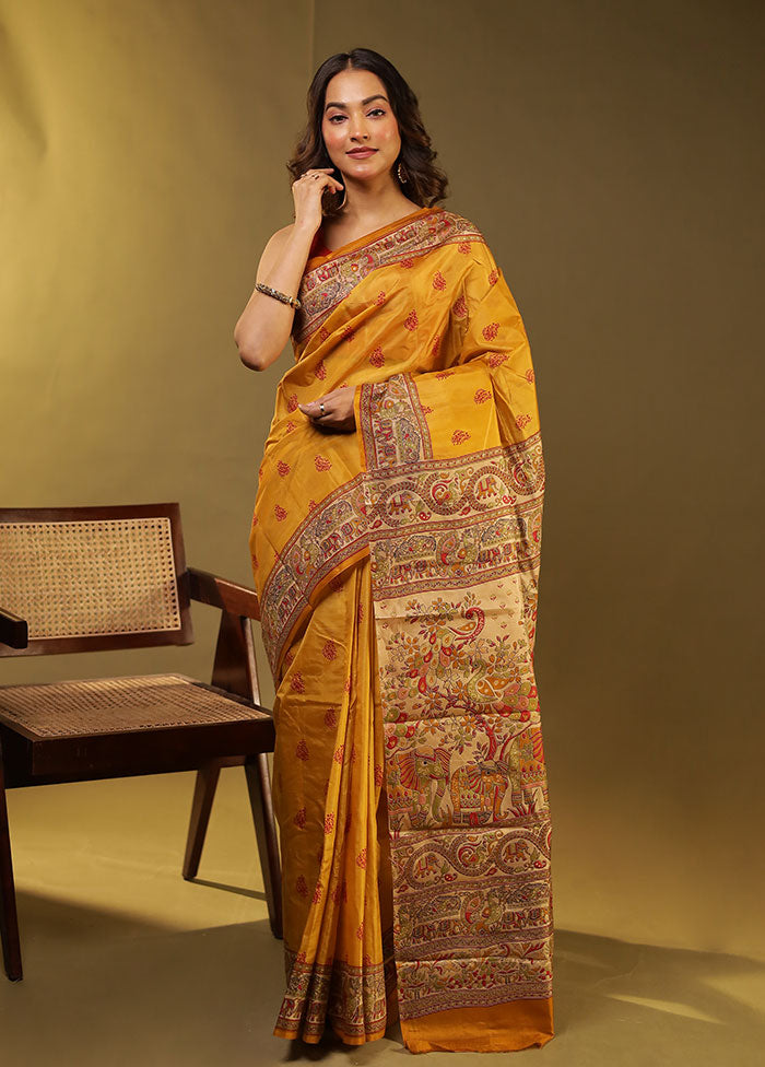 Yellow Printed Pure Silk Saree With Blouse Piece