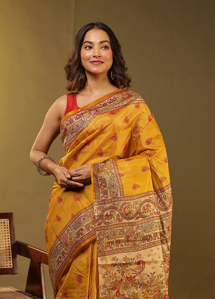 Yellow Printed Pure Silk Saree With Blouse Piece
