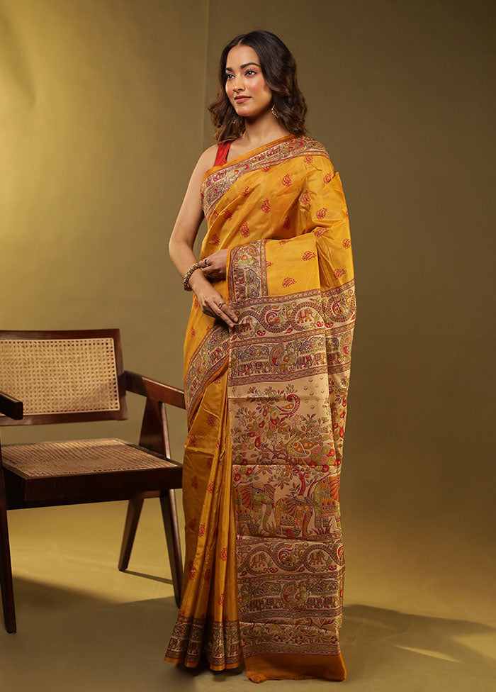 Yellow Printed Pure Silk Saree With Blouse Piece