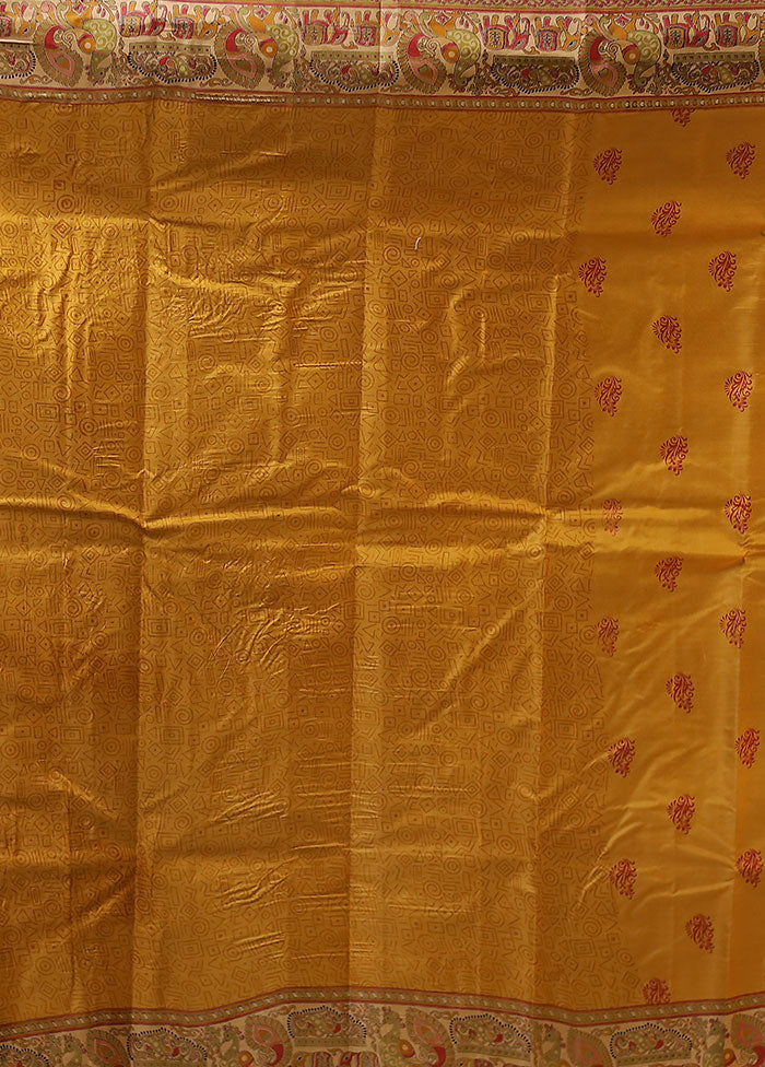 Yellow Printed Pure Silk Saree With Blouse Piece