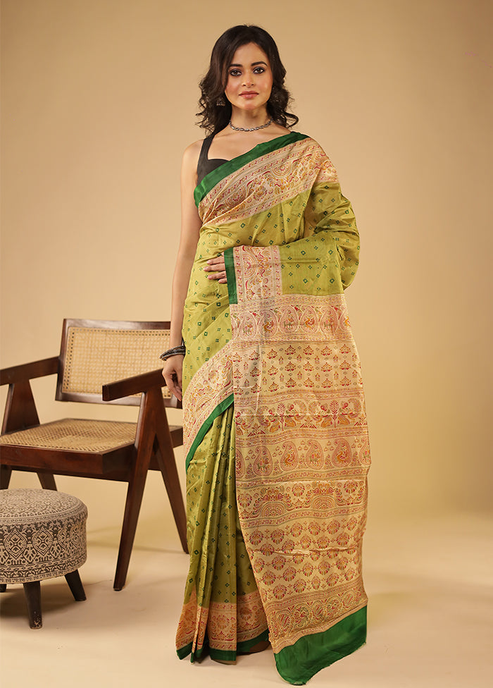 Green Printed Pure Silk Saree With Blouse Piece