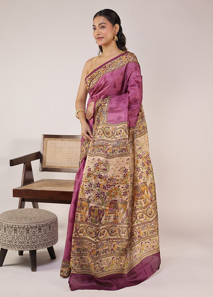 Purple Printed Pure Silk Saree With Blouse Piece