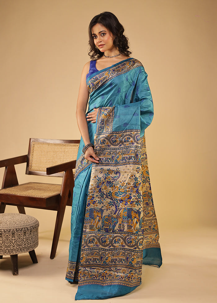 Blue Printed Pure Silk Saree Without Blouse Piece