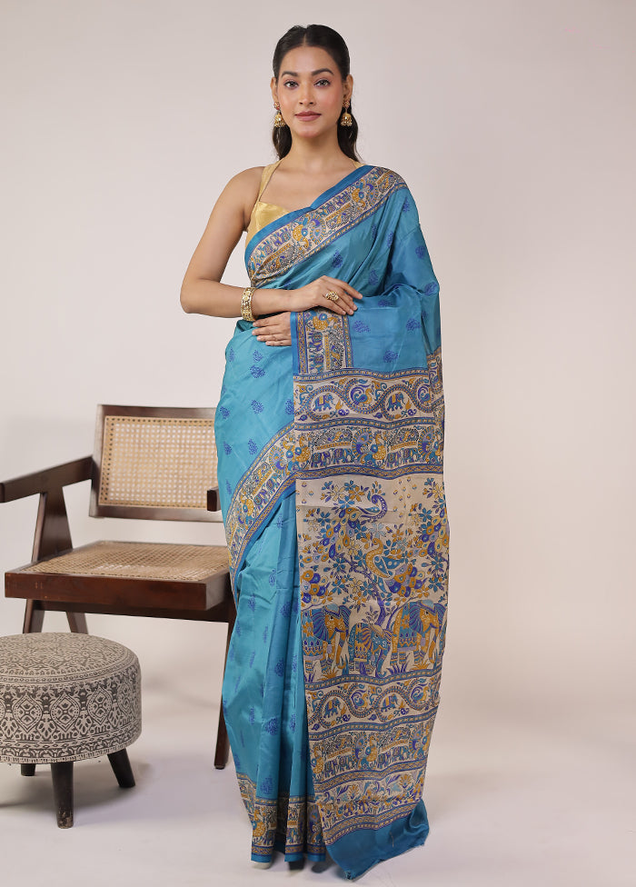 Blue Printed Pure Silk Saree With Blouse Piece