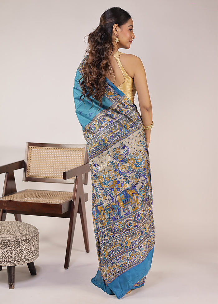 Blue Printed Pure Silk Saree With Blouse Piece