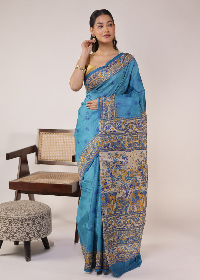 Blue Printed Pure Silk Saree With Blouse Piece
