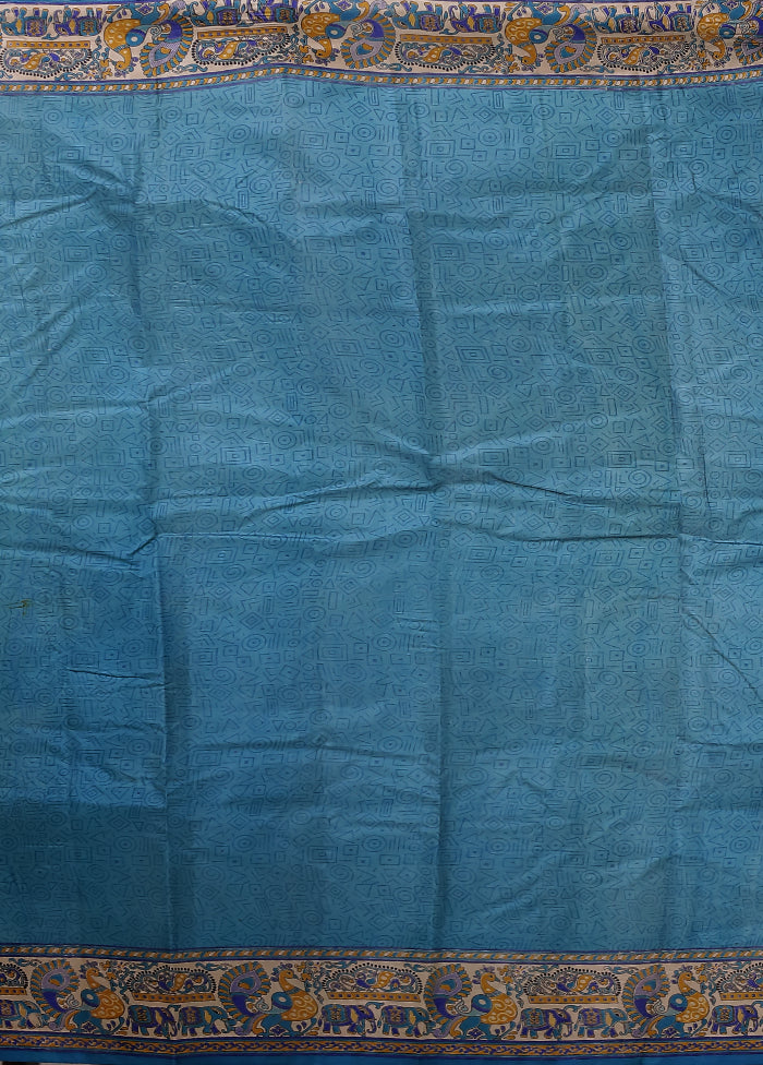 Blue Printed Pure Silk Saree With Blouse Piece