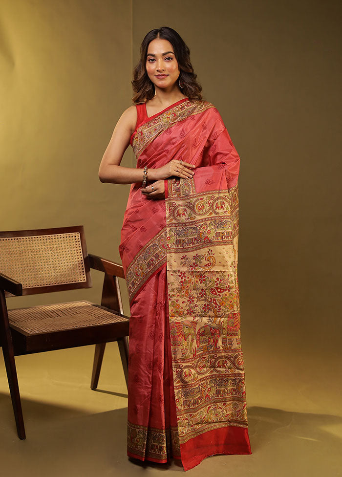 Pink Printed Pure Silk Saree With Blouse Piece