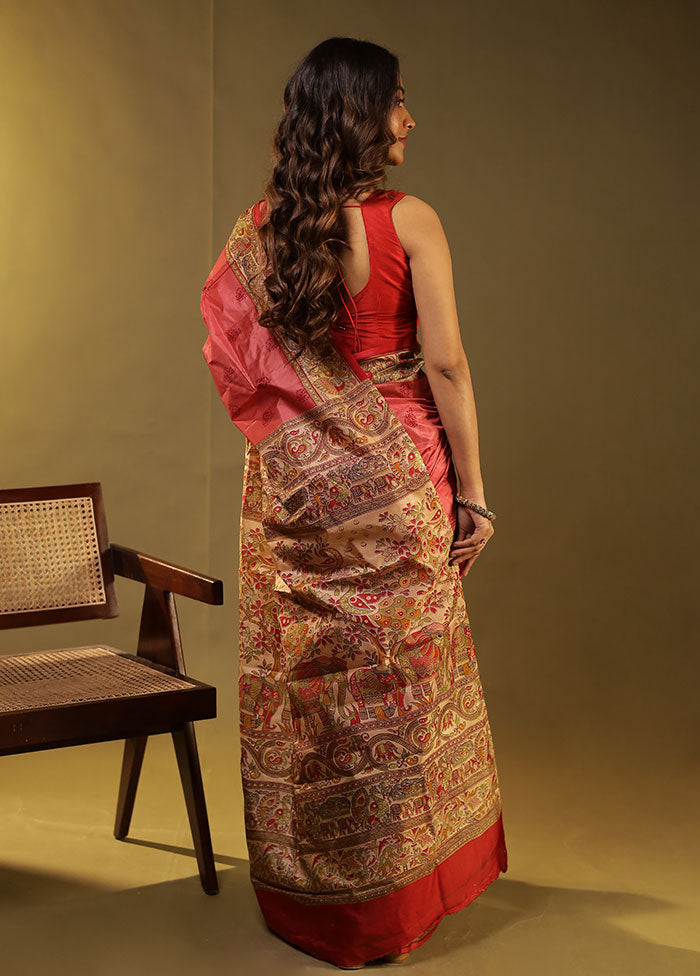 Pink Printed Pure Silk Saree With Blouse Piece