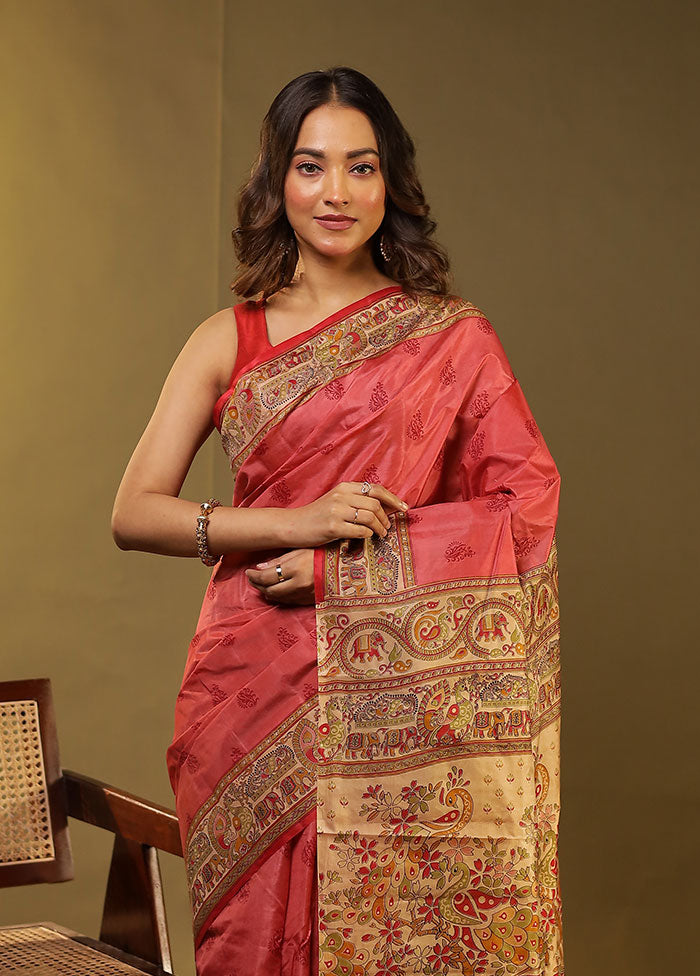 Pink Printed Pure Silk Saree With Blouse Piece