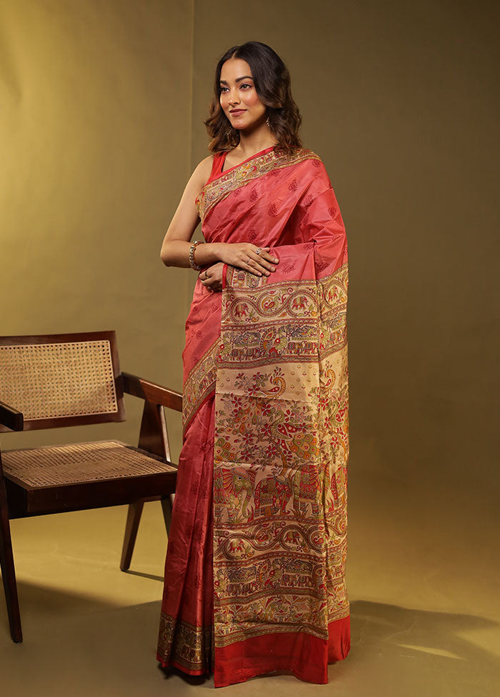 Pink Printed Pure Silk Saree With Blouse Piece