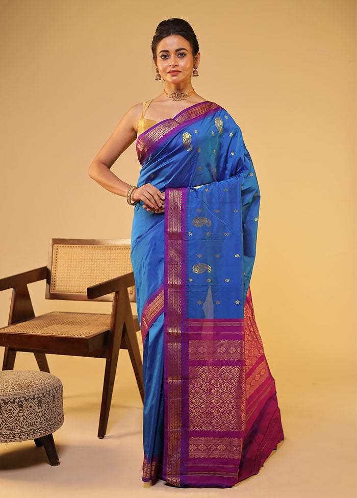 Blue Kanjivaram Silk Saree With Blouse Piece