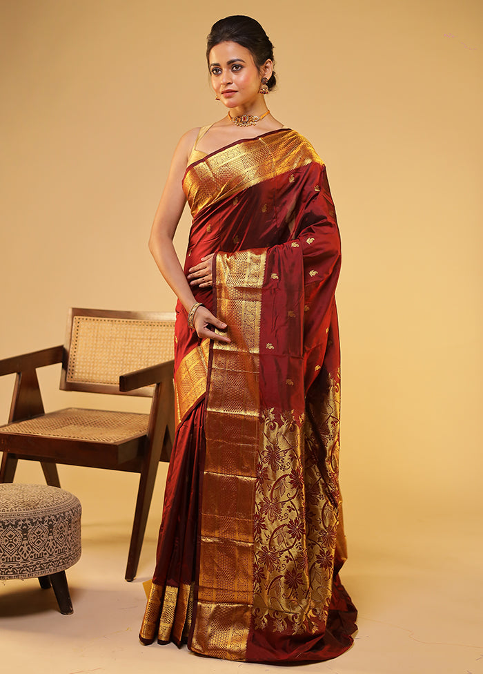 Purple Handloom Kanjivaram Pure Silk Saree With Blouse Piece