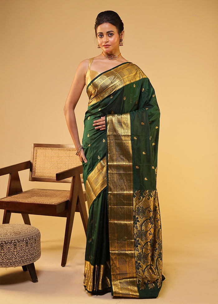 Green Handloom Kanjivaram Pure Silk Saree With Blouse Piece