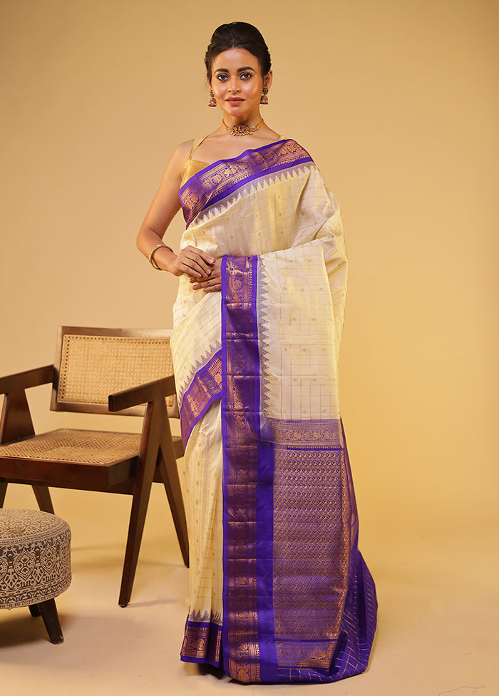 Cream Gadwal Pure Silk Saree Without Blouse Piece