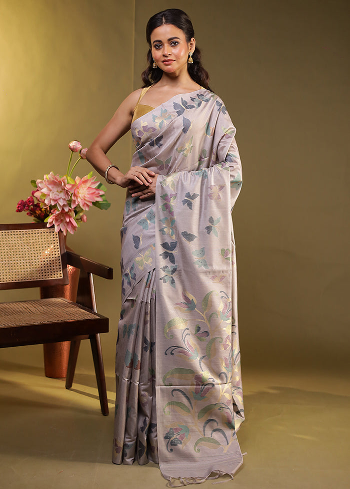 Grey Tussar Silk Saree With Blouse Piece
