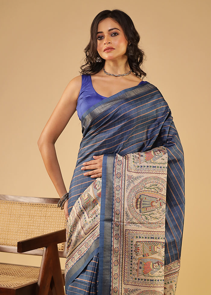 Blue Tussar Silk Saree With Blouse Piece