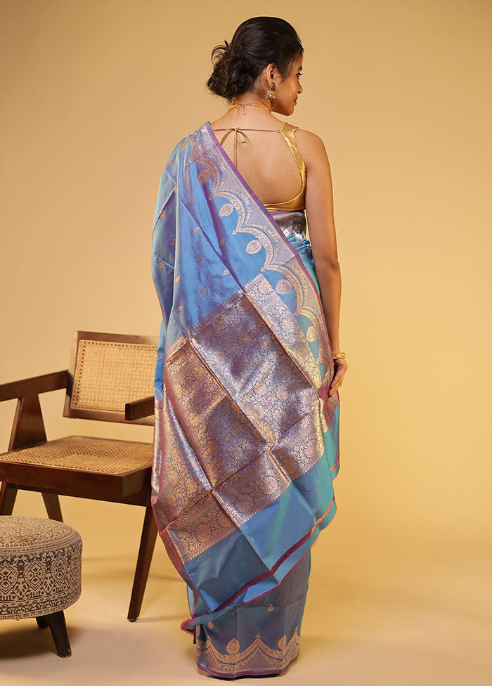Blue Handloom Katan Pure Silk Saree With Blouse Piece