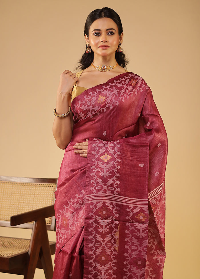 Maroon Handloom Tussar Pure Silk Saree With Blouse Piece