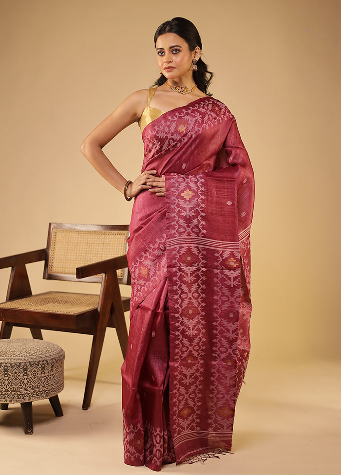 Maroon Handloom Tussar Pure Silk Saree With Blouse Piece