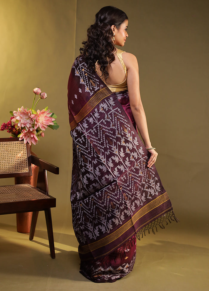Purple Handloom Tussar Pure Silk Saree With Blouse Piece