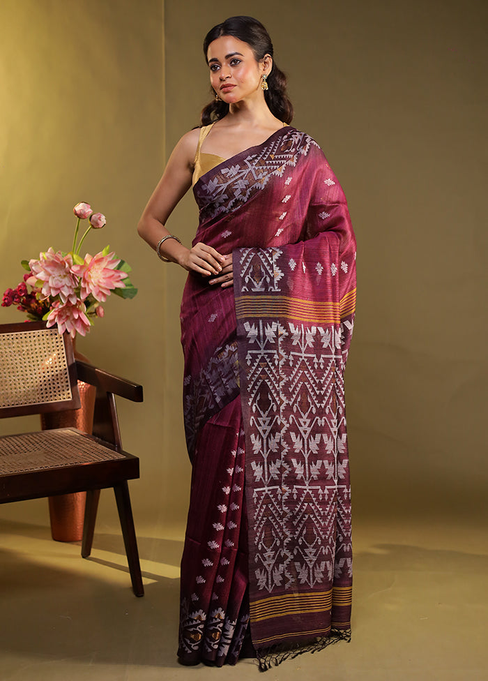 Purple Handloom Tussar Pure Silk Saree With Blouse Piece