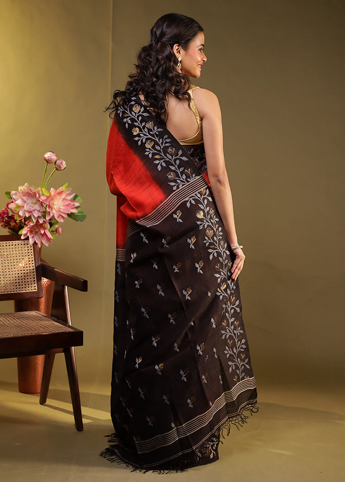 Black Handloom Tussar Pure Silk Saree With Blouse Piece