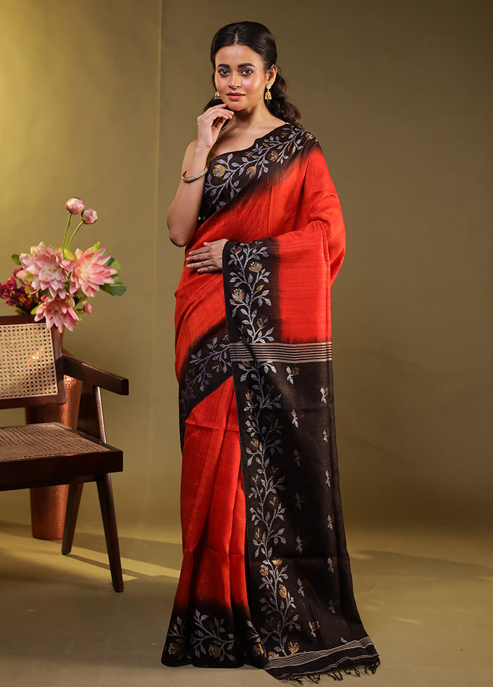 Black Handloom Tussar Pure Silk Saree With Blouse Piece