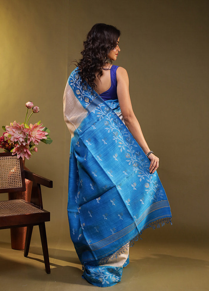Blue Handloom Tussar Pure Silk Saree With Blouse Piece