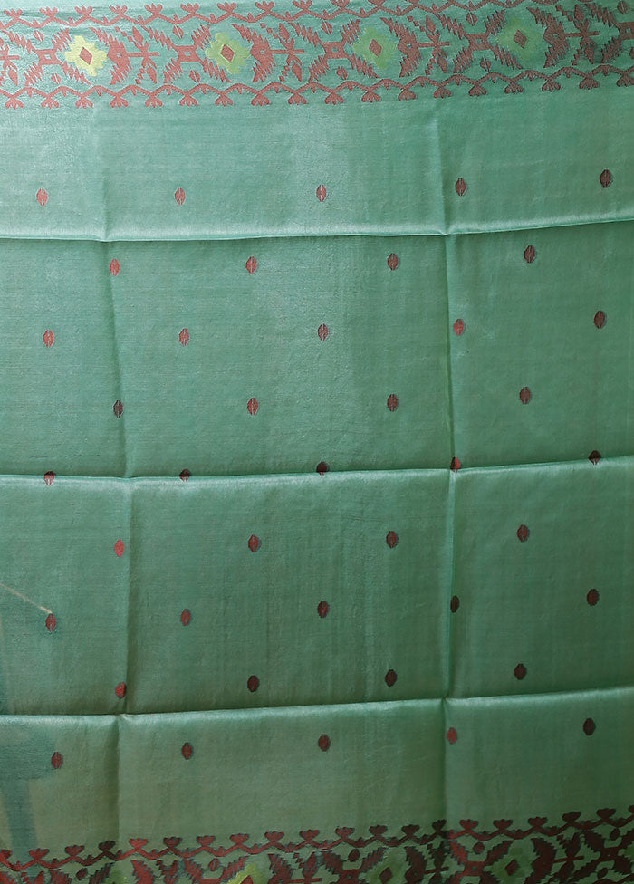 Green Handloom Tussar Pure Silk Saree With Blouse Piece