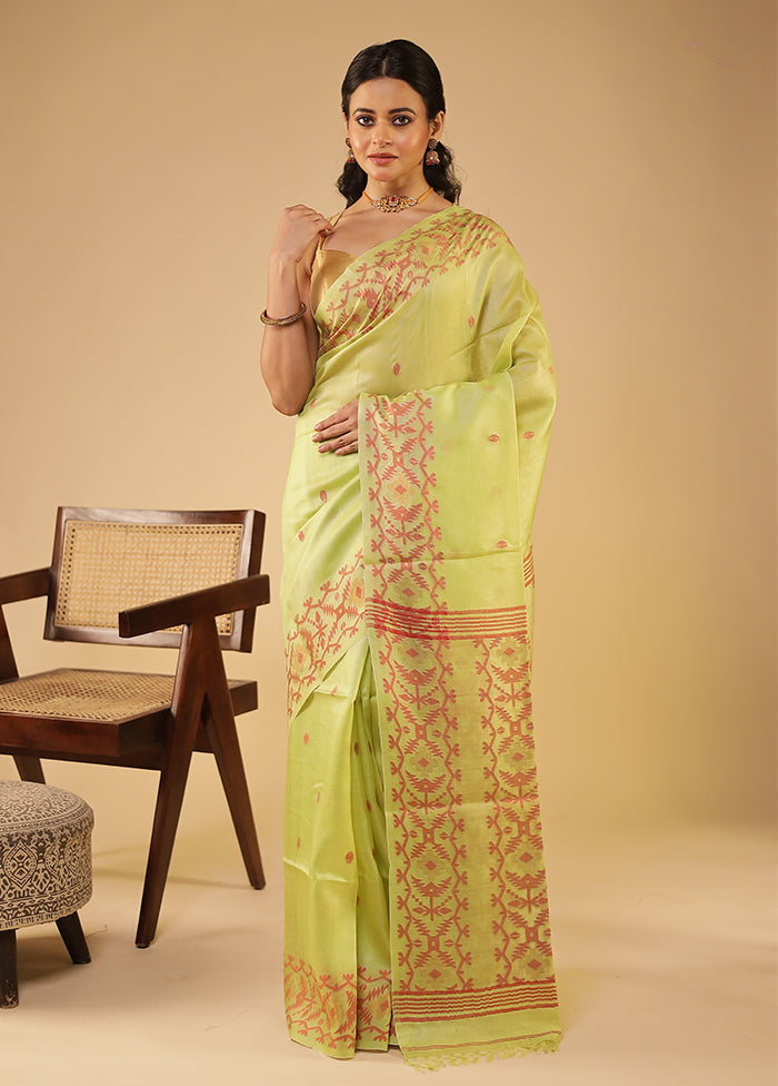 Green Handloom Tussar Pure Silk Saree With Blouse Piece