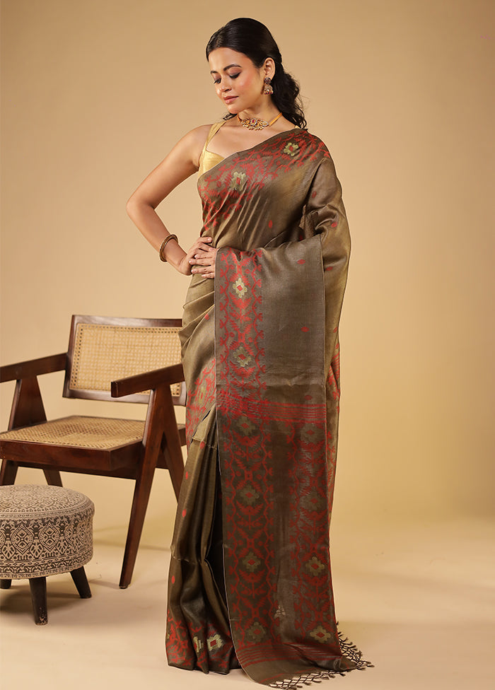 Yellow Handloom Tussar Pure Silk Saree With Blouse Piece