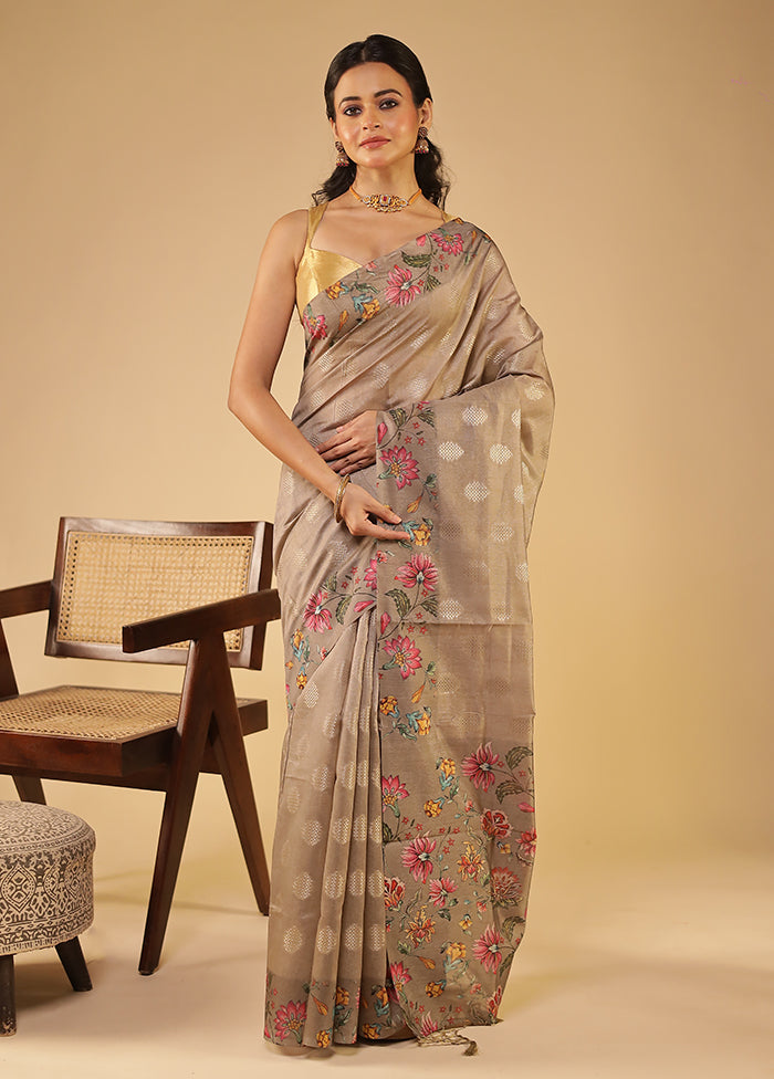 Grey Tussar Silk Saree With Blouse Piece